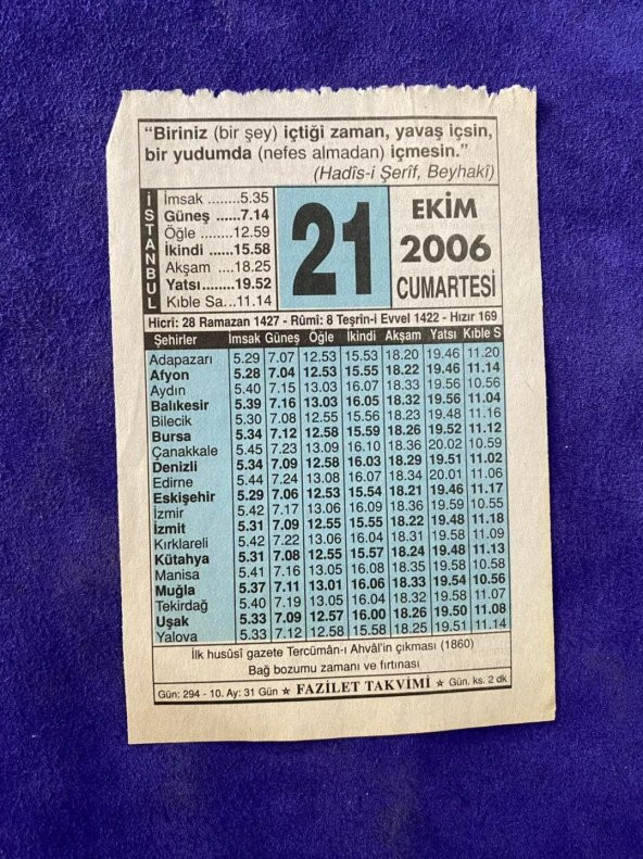 21 Ekim 2006 Takvim Yaprağı - Nostalji Koleksiyonluk Takvim Yaprağı ürün görseli