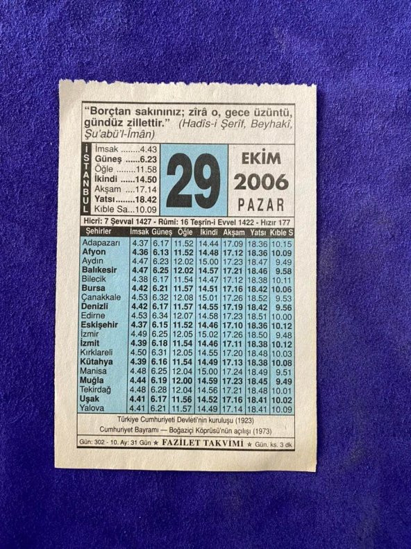 29 Ekim 2006 Takvim Yaprağı - Nostalji Koleksiyonluk Takvim Yaprağı ürün görseli