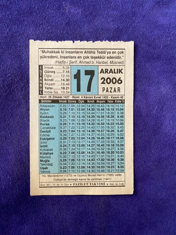 17 Aralık 2006 Takvim Yaprağı - Nostalji Koleksiyonluk Takvim Yaprağı