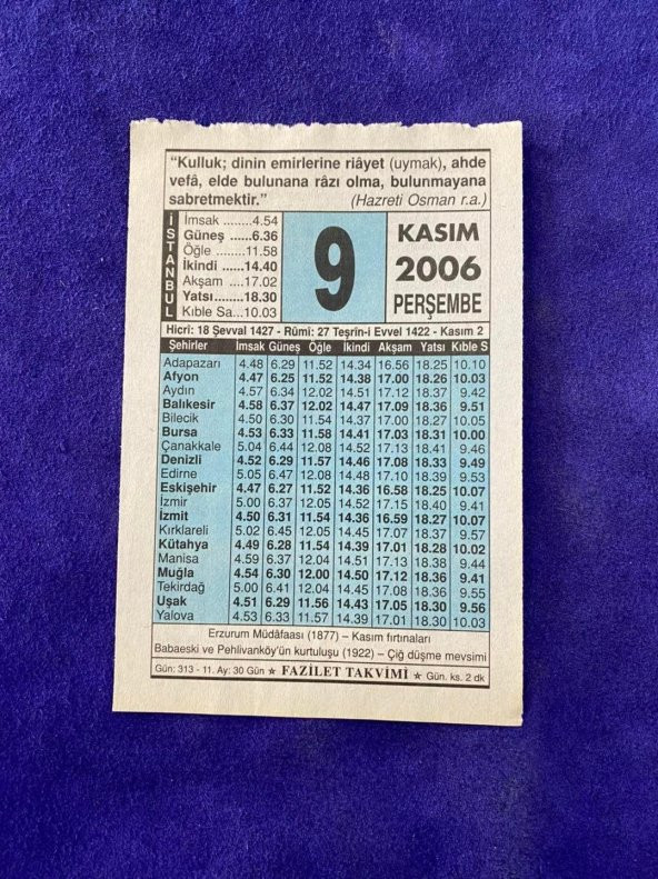 9 Kasım 2006 Takvim Yaprağı - Nostalji Koleksiyonluk Takvim Yaprağı