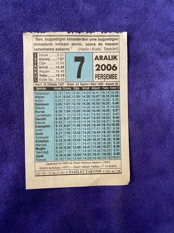 7 Aralık 2006 Takvim Yaprağı - Nostalji Koleksiyonluk Takvim Yaprağı