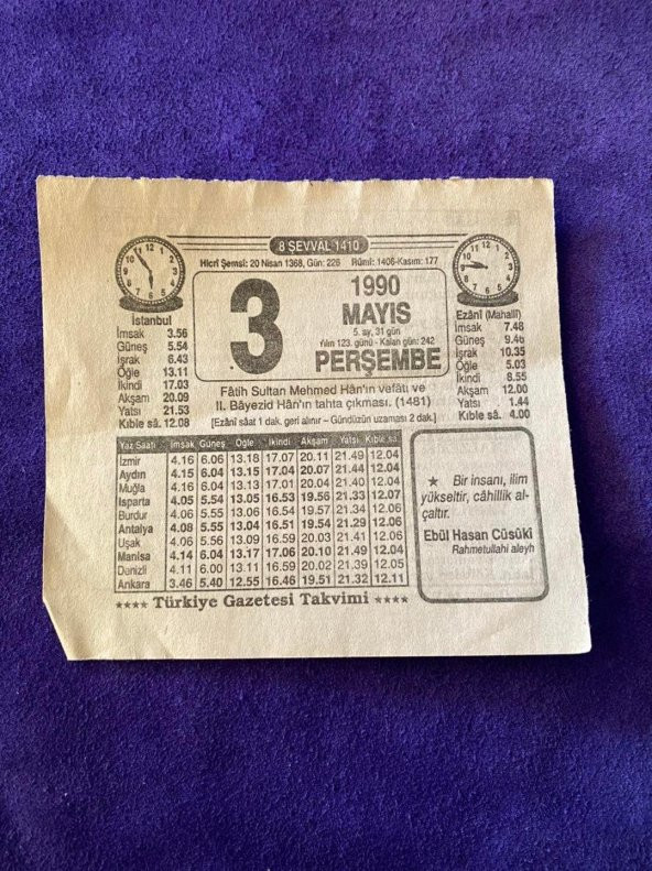 3 Mayıs 1990 Takvim Yaprağı - Nostalji Koleksiyonluk Takvim Yaprağı ürün görseli