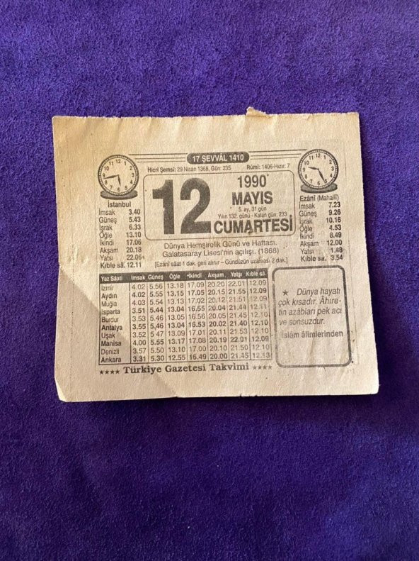 12 Mayıs 1990 Takvim Yaprağı - Nostalji Koleksiyonluk Takvim Yaprağı ürün görseli