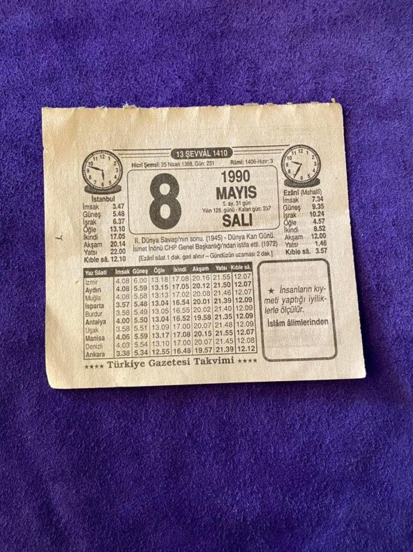 8 Mayıs 1990 Takvim Yaprağı - Nostalji Koleksiyonluk Takvim Yaprağı ürün görseli