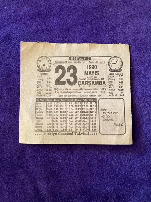 23 Mayıs 1990 Takvim Yaprağı - Nostalji Koleksiyonluk Takvim Yaprağı