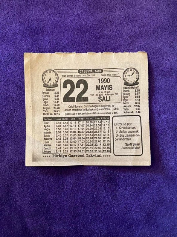 22 Mayıs 1990 Takvim Yaprağı - Nostalji Koleksiyonluk Takvim Yaprağı ürün görseli