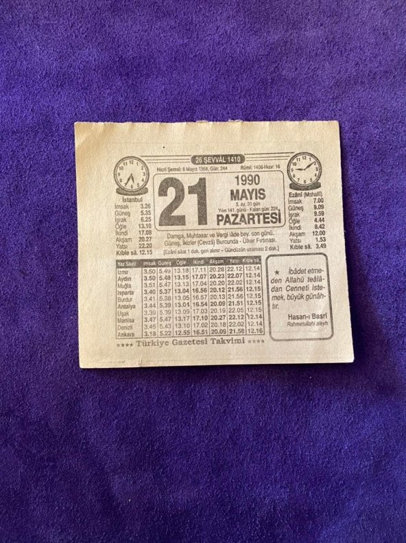 21 Mayıs 1990 Takvim Yaprağı - Nostalji Koleksiyonluk Takvim Yaprağı ürün görseli