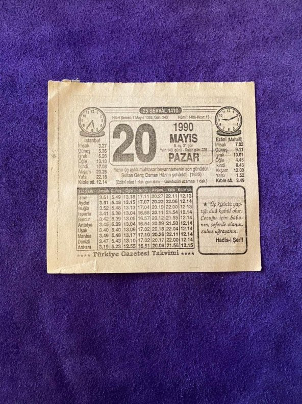 20 Mayıs 1990 Takvim Yaprağı - Nostalji Koleksiyonluk Takvim Yaprağı ürün görseli
