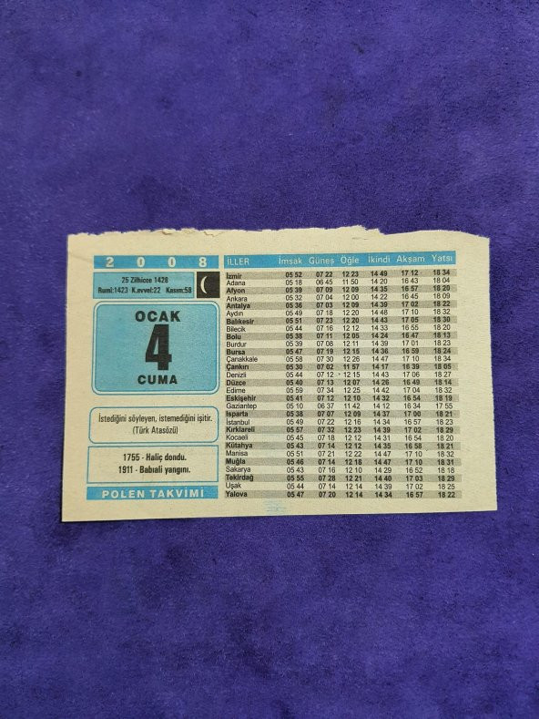 4 Ocak 2008 Takvim Yaprağı - Nostaljik Koleksiyonluk Takvim Yaprağı A ürün görseli