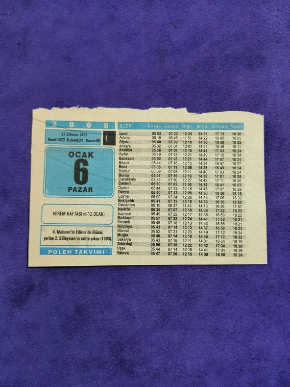 6 Ocak 2008 Takvim Yaprağı - Nostaljik Koleksiyonluk Takvim Yaprağı A ürün görseli