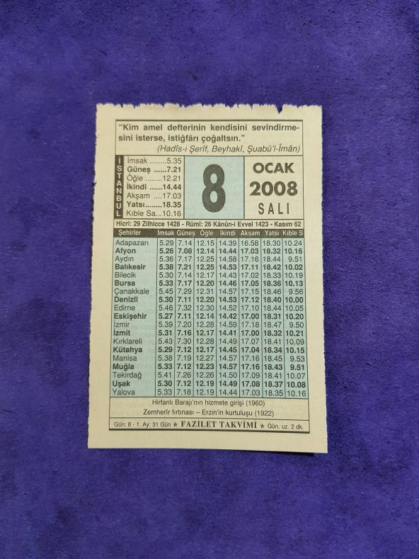 8 Ocak 2008 Takvim Yaprağı - Nostaljik Koleksiyonluk Takvim Yaprağı ürün görseli