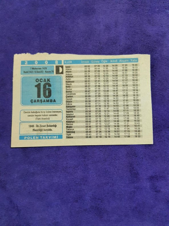 16 Ocak 2008 Takvim Yaprağı - Nostaljik Koleksiyonluk Takvim Yaprağı A ürün görseli