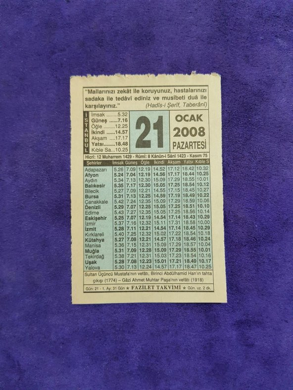 21 Ocak 2008 Takvim Yaprağı - Nostaljik Koleksiyonluk Takvim Yaprağı ürün görseli