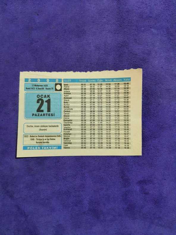21 Ocak 2008 Takvim Yaprağı - Nostaljik Koleksiyonluk Takvim Yaprağı A ürün görseli