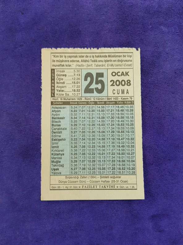 25 Ocak 2008 Takvim Yaprağı - Nostaljik Koleksiyonluk Takvim Yaprağı ürün görseli