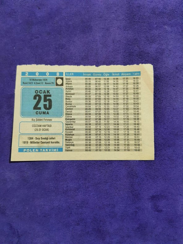 25 Ocak 2008 Takvim Yaprağı - Nostaljik Koleksiyonluk Takvim Yaprağı A ürün görseli