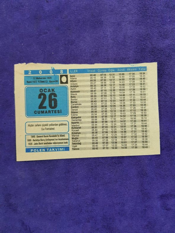 26 Ocak 2008 Takvim Yaprağı - Nostaljik Koleksiyonluk Takvim Yaprağı A ürün görseli