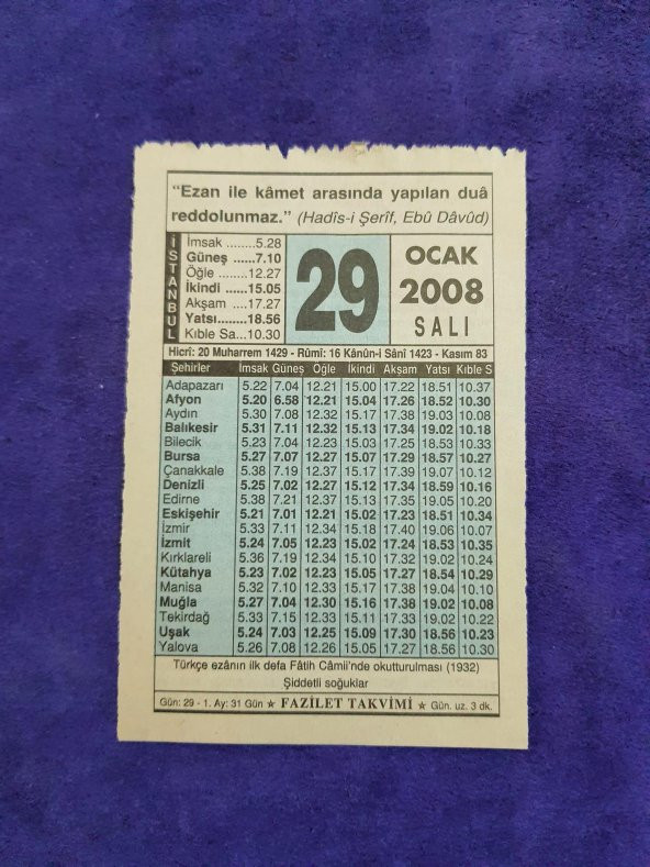 29 Ocak 2008 Takvim Yaprağı - Nostaljik Koleksiyonluk Takvim Yaprağı ürün görseli