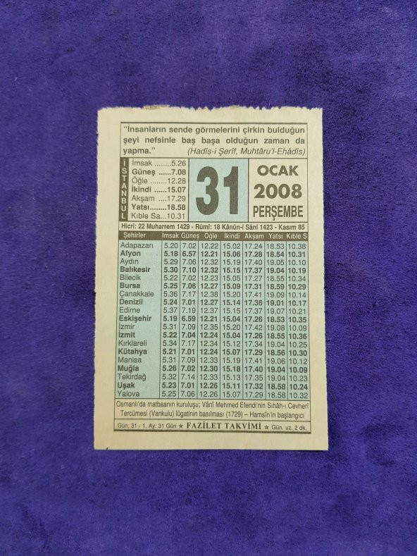 31 Ocak 2008 Takvim Yaprağı - Nostaljik Koleksiyonluk Takvim Yaprağı ürün görseli