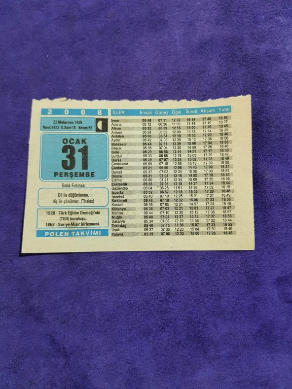 31 Ocak 2008 Takvim Yaprağı - Nostaljik Koleksiyonluk Takvim Yaprağı A ürün görseli