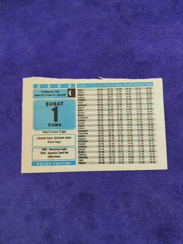1 Şubat 2008 Takvim Yaprağı - Nostaljik Koleksiyonluk Takvim Yaprağı A