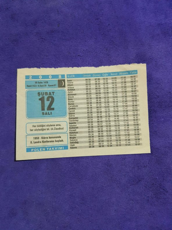 12 Şubat 2008 Takvim Yaprağı - Nostaljik Koleksiyonluk Takvim Yaprağı A ürün görseli