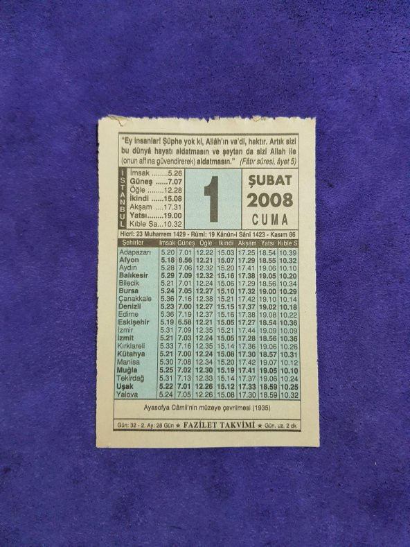 1 Şubat 2008 Takvim Yaprağı - Nostaljik Koleksiyonluk Takvim Yaprağı ürün görseli