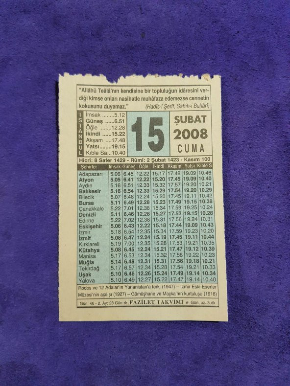 15 Şubat 2008 Takvim Yaprağı - Nostaljik Koleksiyonluk Takvim Yaprağı