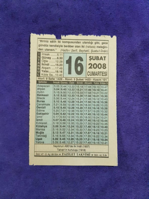 16 Şubat 2008 Takvim Yaprağı - Nostaljik Koleksiyonluk Takvim Yaprağı ürün görseli