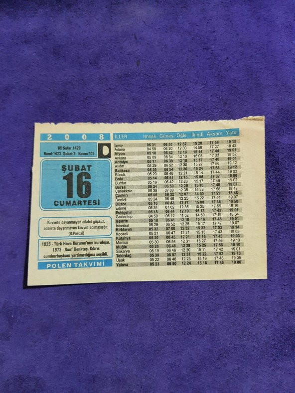 16 Şubat 2008 Takvim Yaprağı - Nostaljik Koleksiyonluk Takvim Yaprağı A ürün görseli