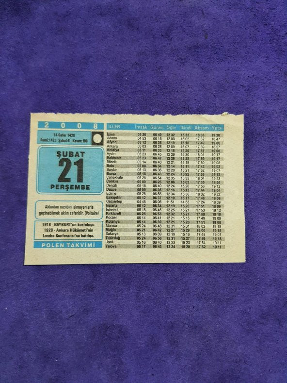 21 Şubat 2008 Takvim Yaprağı - Nostaljik Koleksiyonluk Takvim Yaprağı ürün görseli