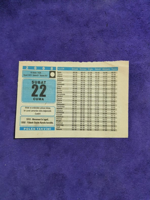 22 Şubat 2008 Takvim Yaprağı - Nostaljik Koleksiyonluk Takvim Yaprağı ürün görseli