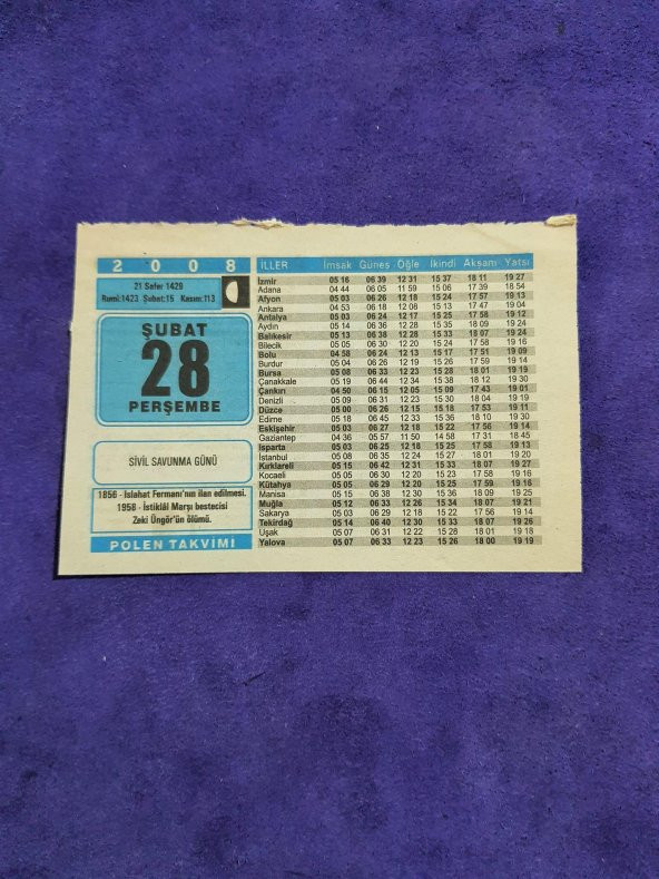 28 Şubat 2008 Takvim Yaprağı - Nostaljik Koleksiyonluk Takvim Yaprağı ürün görseli