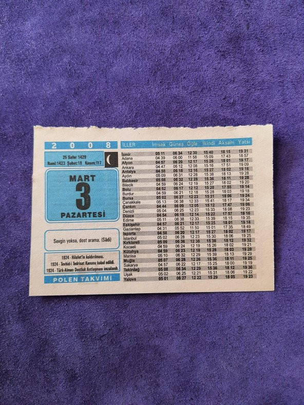 3 Mart 2008 Takvim Yaprağı - Nostaljik Koleksiyonluk Takvim Yaprağı ürün görseli