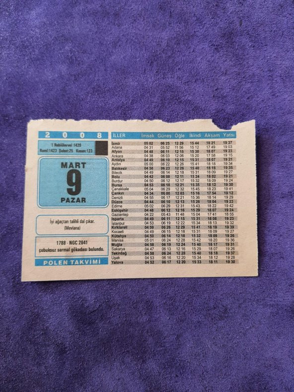 9 Mart 2008 Takvim Yaprağı - Nostaljik Koleksiyonluk Takvim Yaprağı ürün görseli