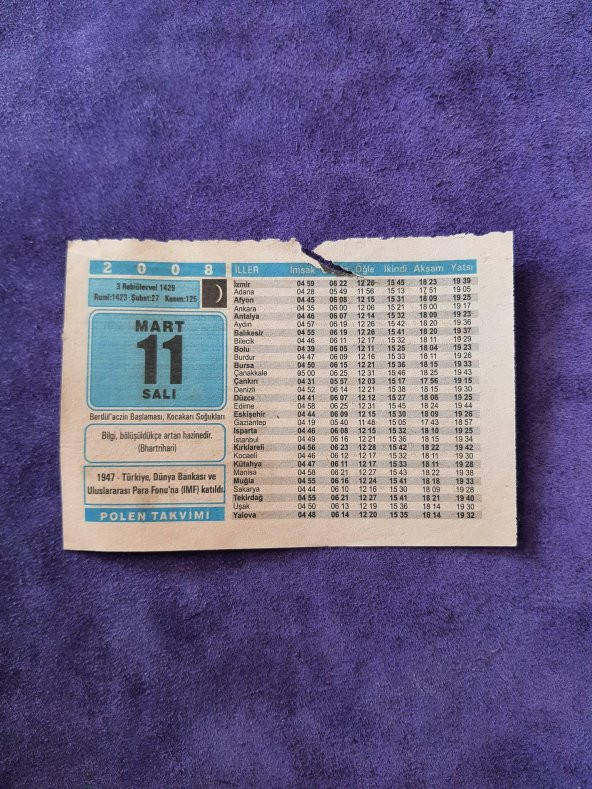 11 Mart 2008 Takvim Yaprağı - Nostaljik Koleksiyonluk Takvim Yaprağı ürün görseli