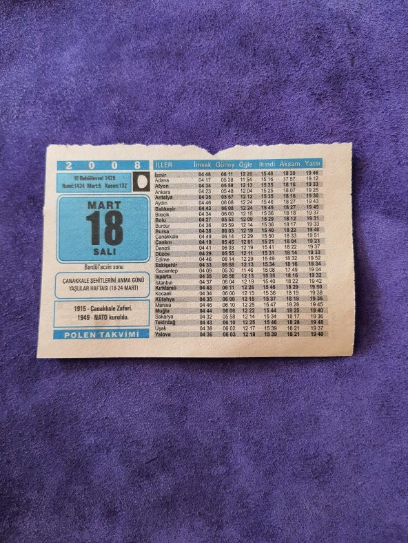 18 Mart 2008 Takvim Yaprağı - Nostaljik Koleksiyonluk Takvim Yaprağı ürün görseli