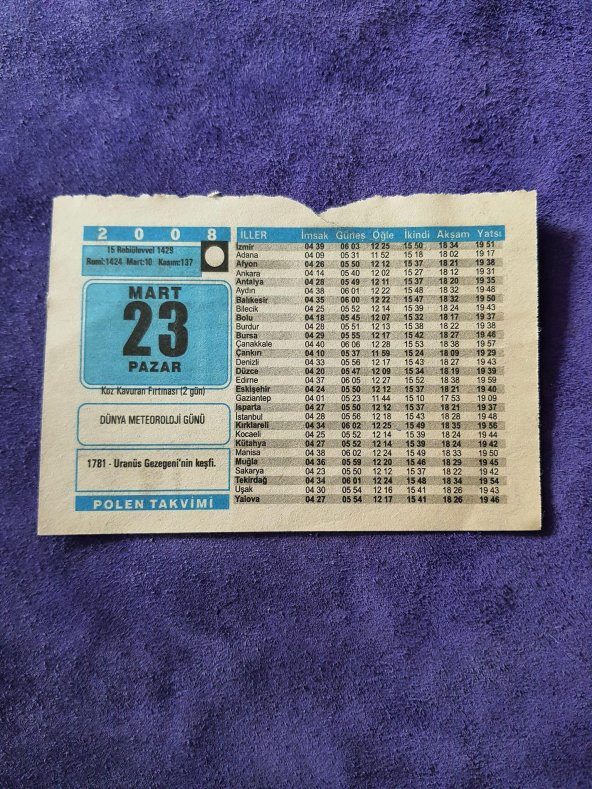 23 Mart 2008 Takvim Yaprağı - Nostaljik Koleksiyonluk Takvim Yaprağı ürün görseli