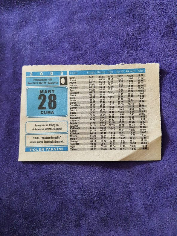 28 Mart 2008 Takvim Yaprağı - Nostaljik Koleksiyonluk Takvim Yaprağı