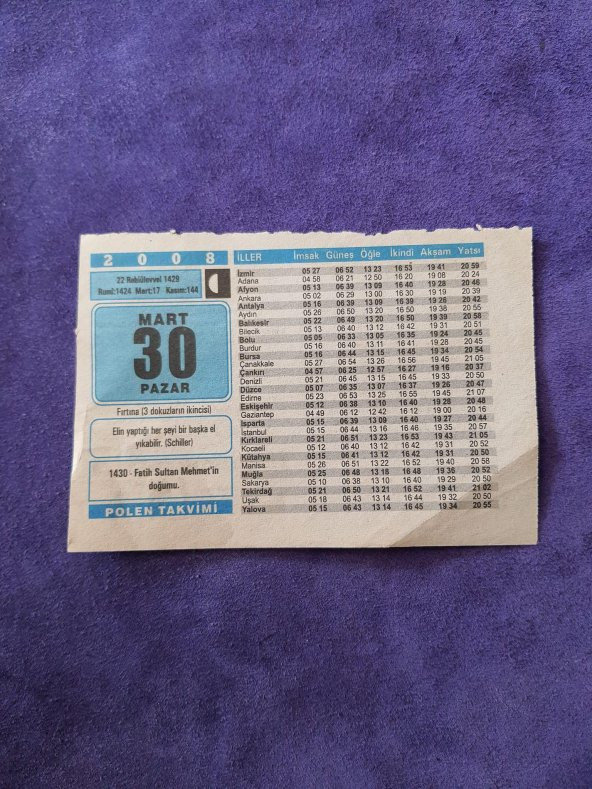 30 Mart 2008 Takvim Yaprağı - Nostaljik Koleksiyonluk Takvim Yaprağı ürün görseli