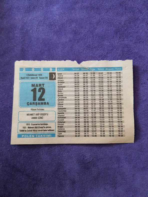 12 Mart 2008 Takvim Yaprağı - Nostaljik Koleksiyonluk Takvim Yaprağı ürün görseli