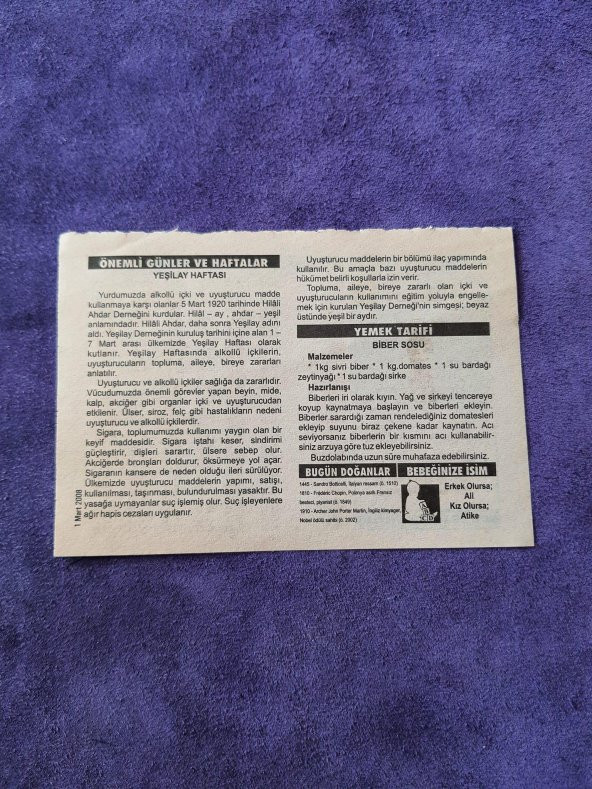 1 Mart 2008 Takvim Yaprağı - Nostaljik Koleksiyonluk Takvim Yaprağı - Resim 2