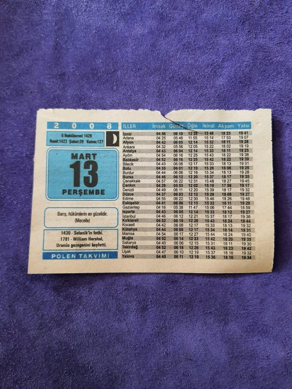 13 Mart 2008 Takvim Yaprağı - Nostaljik Koleksiyonluk Takvim Yaprağı ürün görseli