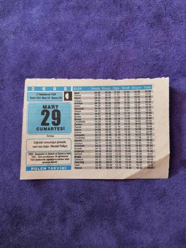 29 Mart 2008 Takvim Yaprağı - Nostaljik Koleksiyonluk Takvim Yaprağı ürün görseli