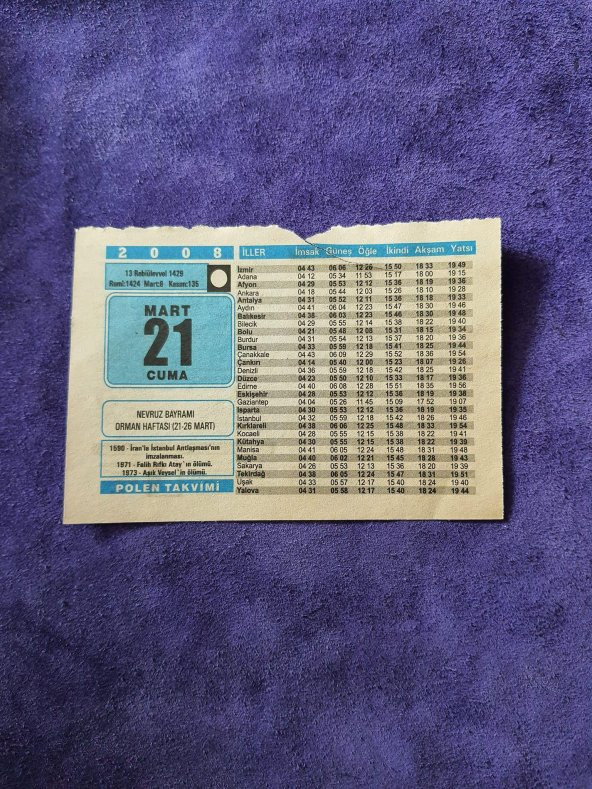21 Mart 2008 Takvim Yaprağı - Nostaljik Koleksiyonluk Takvim Yaprağı ürün görseli