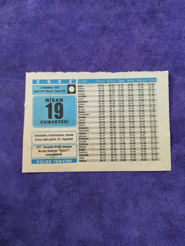 19 Nisan 2008 Takvim Yaprağı - Nostaljik Koleksiyonluk Takvim Yaprağı ürün görseli