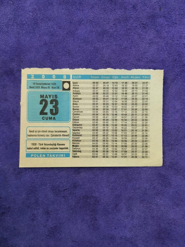 23 Mayıs 2008 Takvim Yaprağı - Nostaljik Koleksiyonluk Takvim Yaprağı ürün görseli
