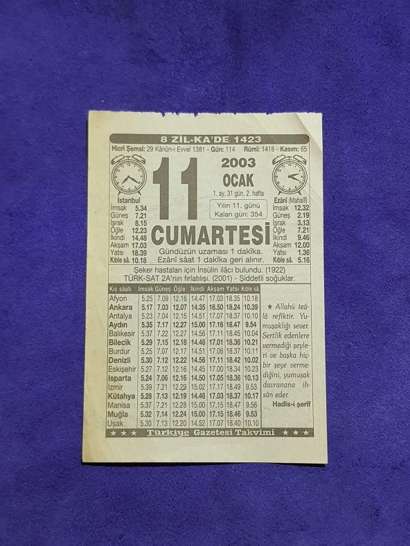 11 Ocak 2003 Takvim Yaprağı - Nostaljik Koleksiyonluk Takvim Yaprağı ürün görseli