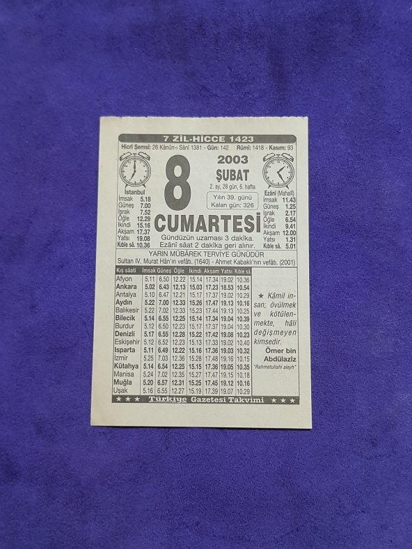 8 Şubat 2003 Takvim Yaprağı - Nostaljik Koleksiyonluk Takvim Yaprağı ürün görseli