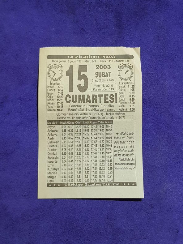 15 Şubat 2003 Takvim Yaprağı - Nostaljik Koleksiyonluk Takvim Yaprağı ürün görseli